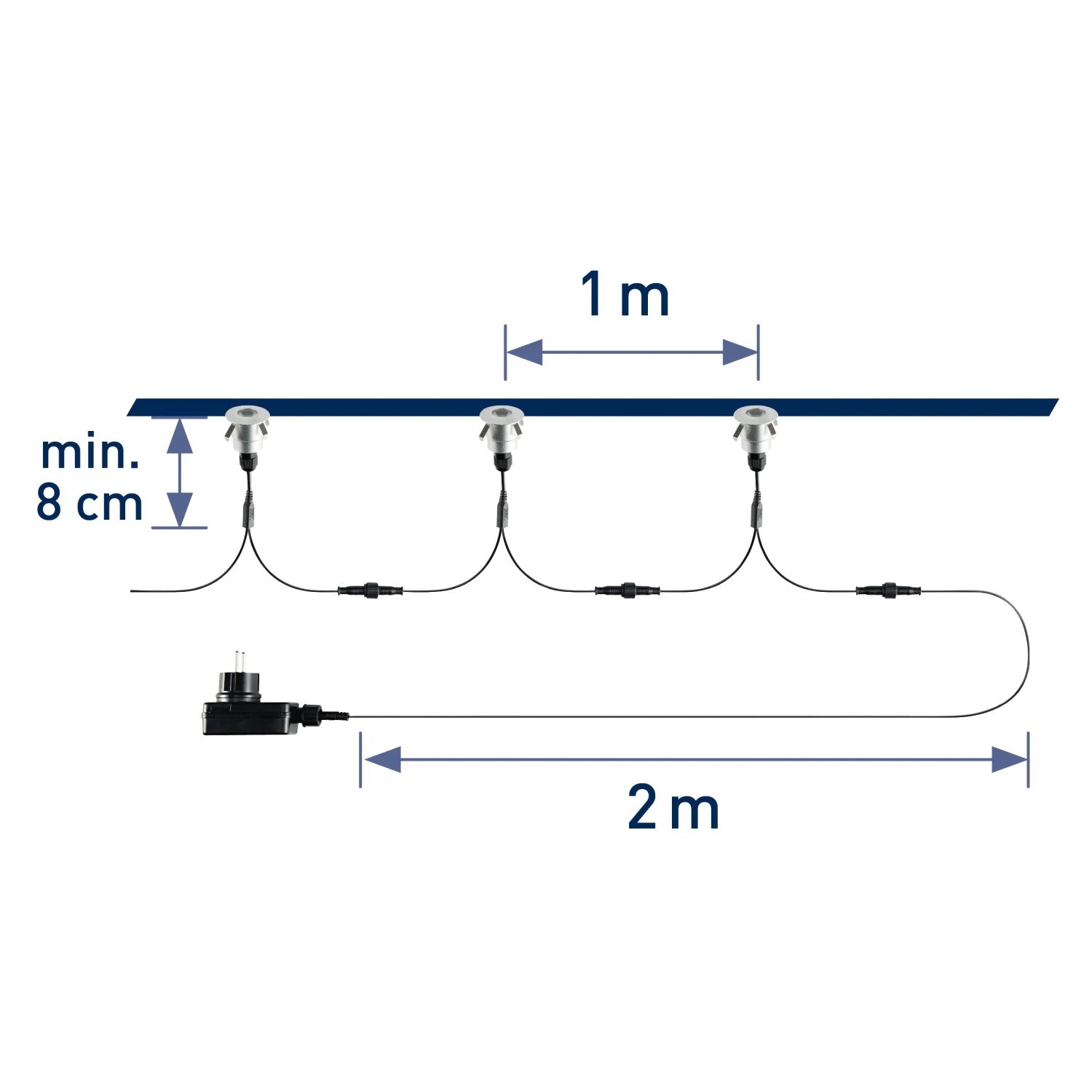LED-Bodeneinbauleuchten Budoni RGB, 5er-Set mit Trafo und Fernbedienung, Maßeinheiten.