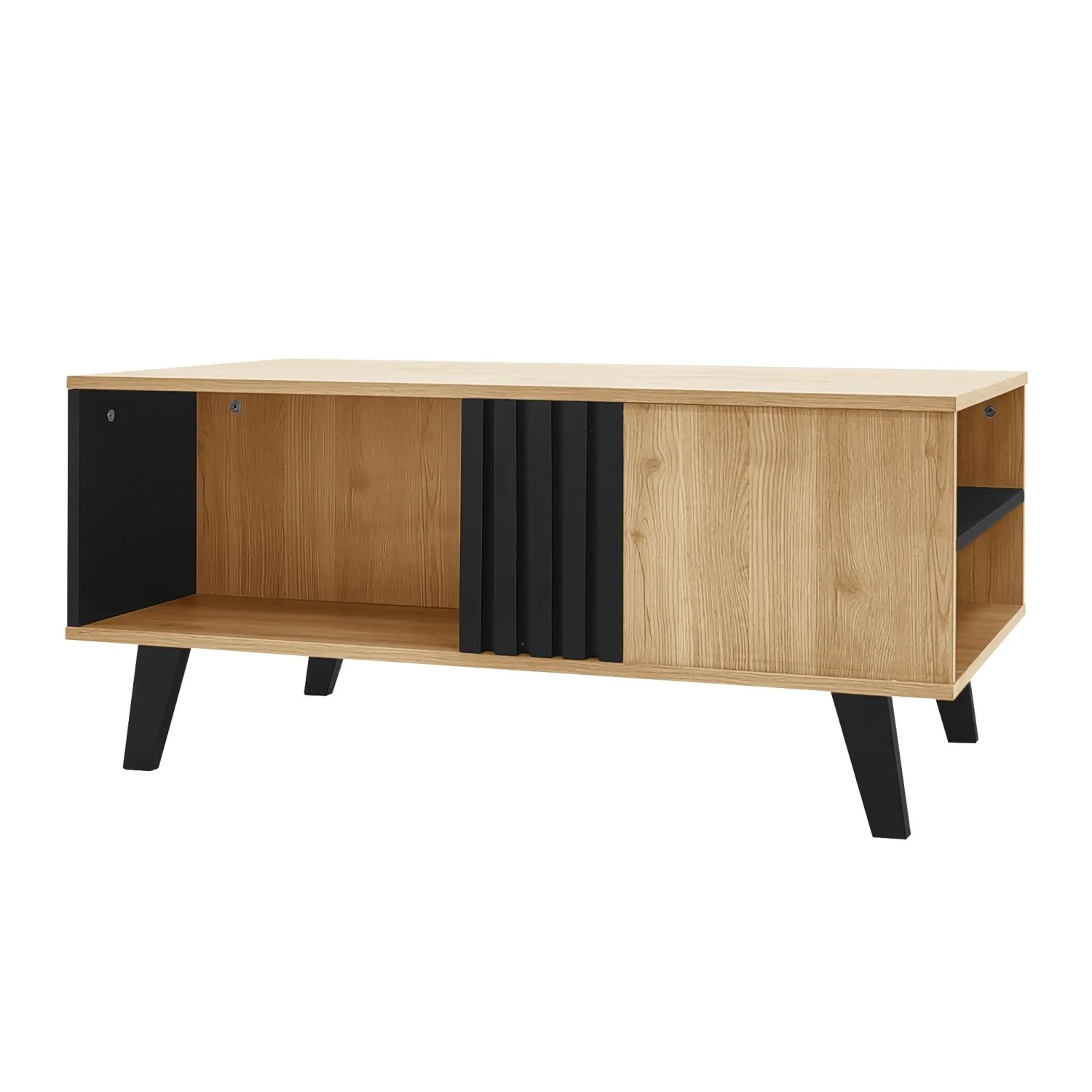 okwish Couchtisch mit Vielseitiger Aufbewahrung Naturfarben und Schwarz 100 × 60 cm