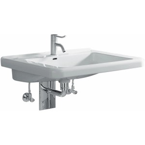 Weißes Geberit Renova Comfort Waschbecken, barrierefrei, 60 cm breit, mit Armatur.
