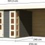 Karibu Holz-Gartenhaus Sölve in Terragrau mit Flachdach und Anbau, Maße sichtbar.