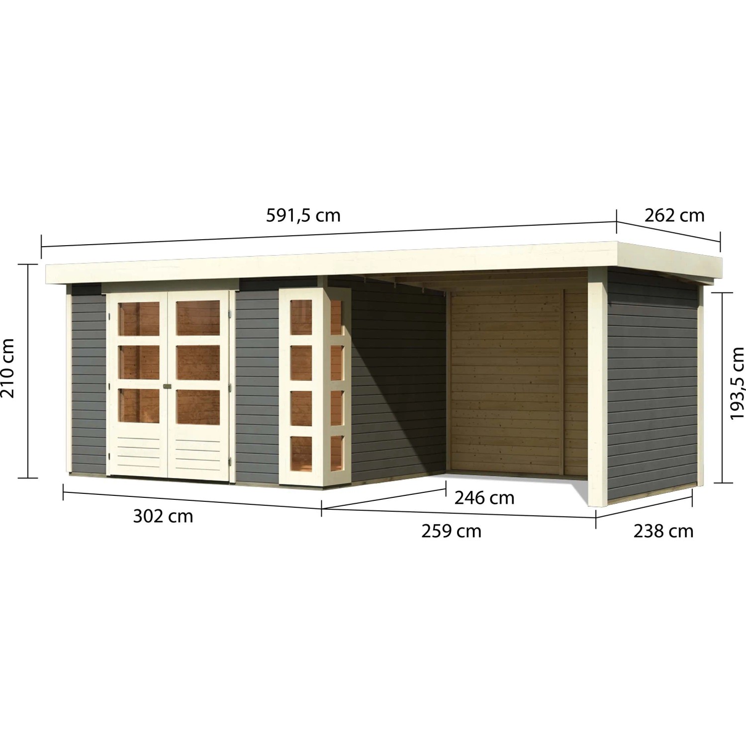Karibu Holz-Gartenhaus Sölve in Terragrau mit Flachdach und Anbau, Maße sichtbar.