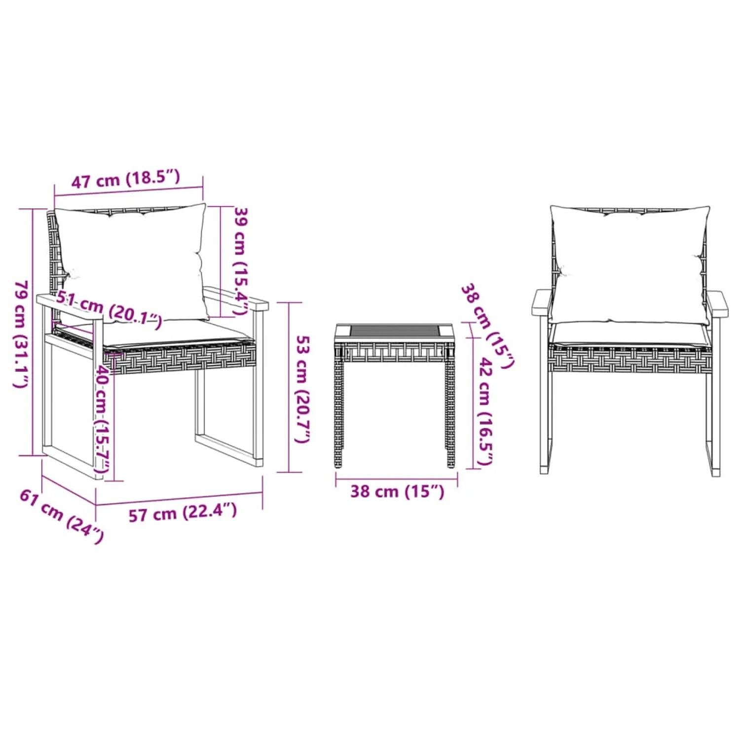vidaXL Bistro-Set, 3-teilig, beige Poly Rattan mit Akazienholz, inkl. Kissen, Maße