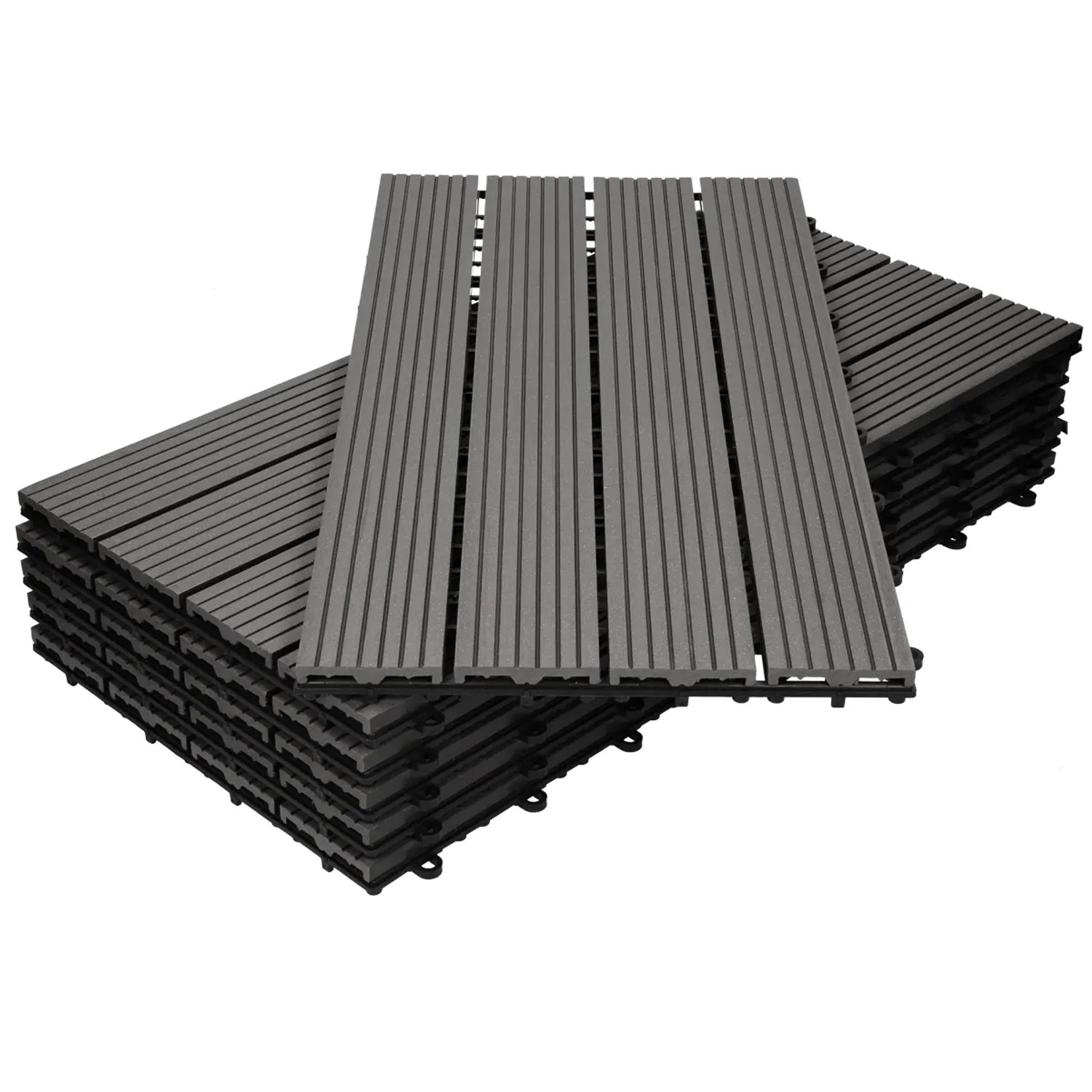 ECD Germany WPC Terrassenfliesen, 30er Set, 60x30 cm, Anthrazit Holzoptik, Klickfliesen für Terrasse & Balkon.