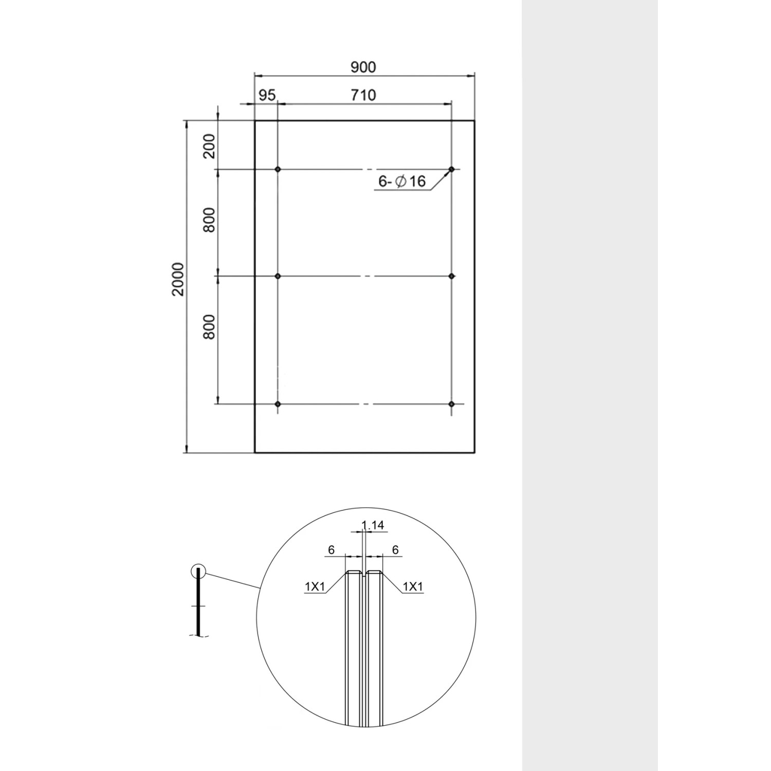 Technische Zeichnung Glasvordach 200x90cm, Klarglas, Maße und Bohrungen für Montage.