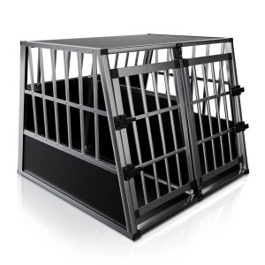 Juskys Alu Hundetransportbox XL, Transportbox für große Hunde, mit Gittertüren und schwarzem Unterteil.