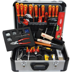 Famex Elektriker Werkzeugkoffer 436-10, gefüllt mit Werkzeugen wie Schraubendreher, Zangen, Hammer und Säge.