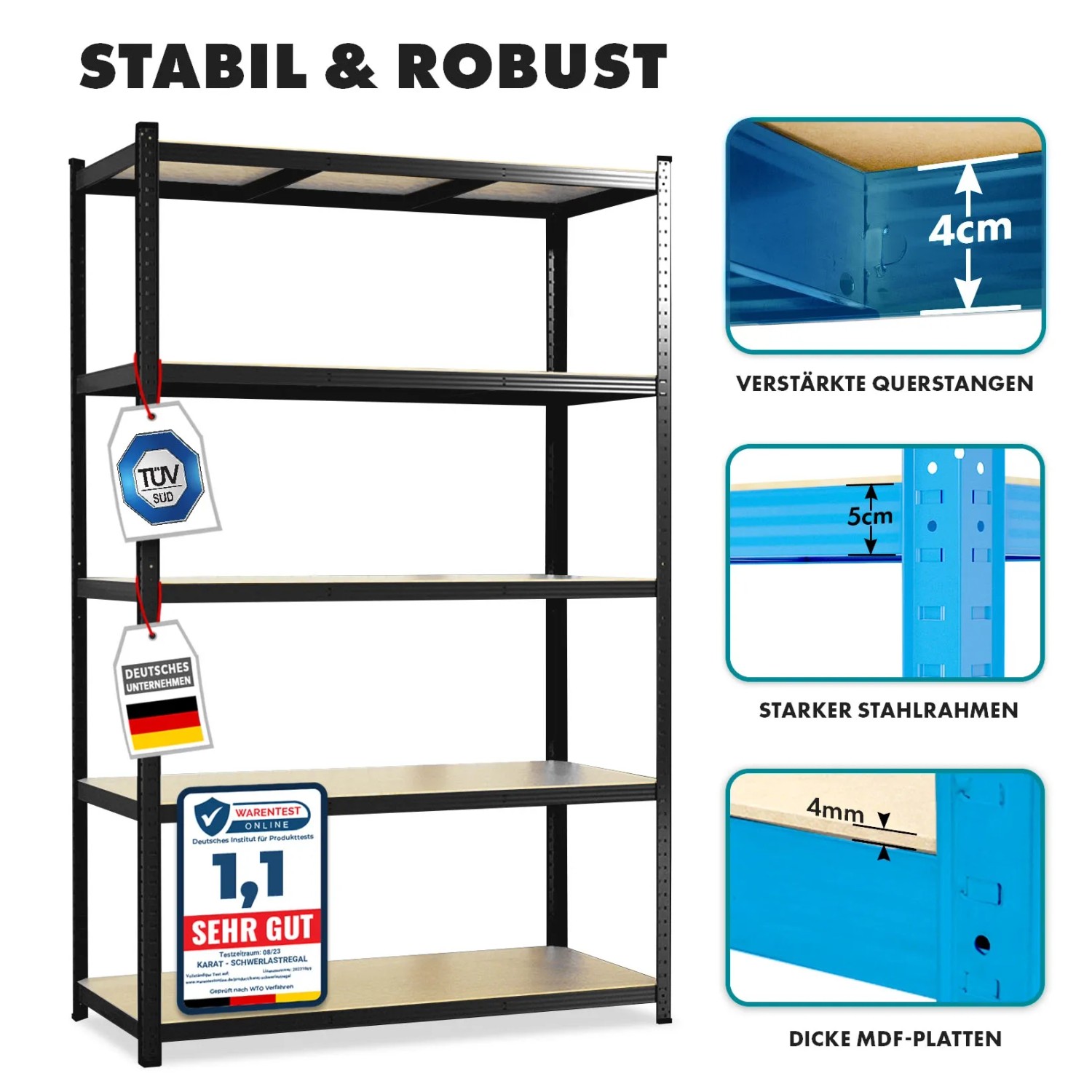 Schwarzes KARAT Schwerlastregal mit 5 Böden, Traglast bis 1325 kg, ideal für Garage und Keller.