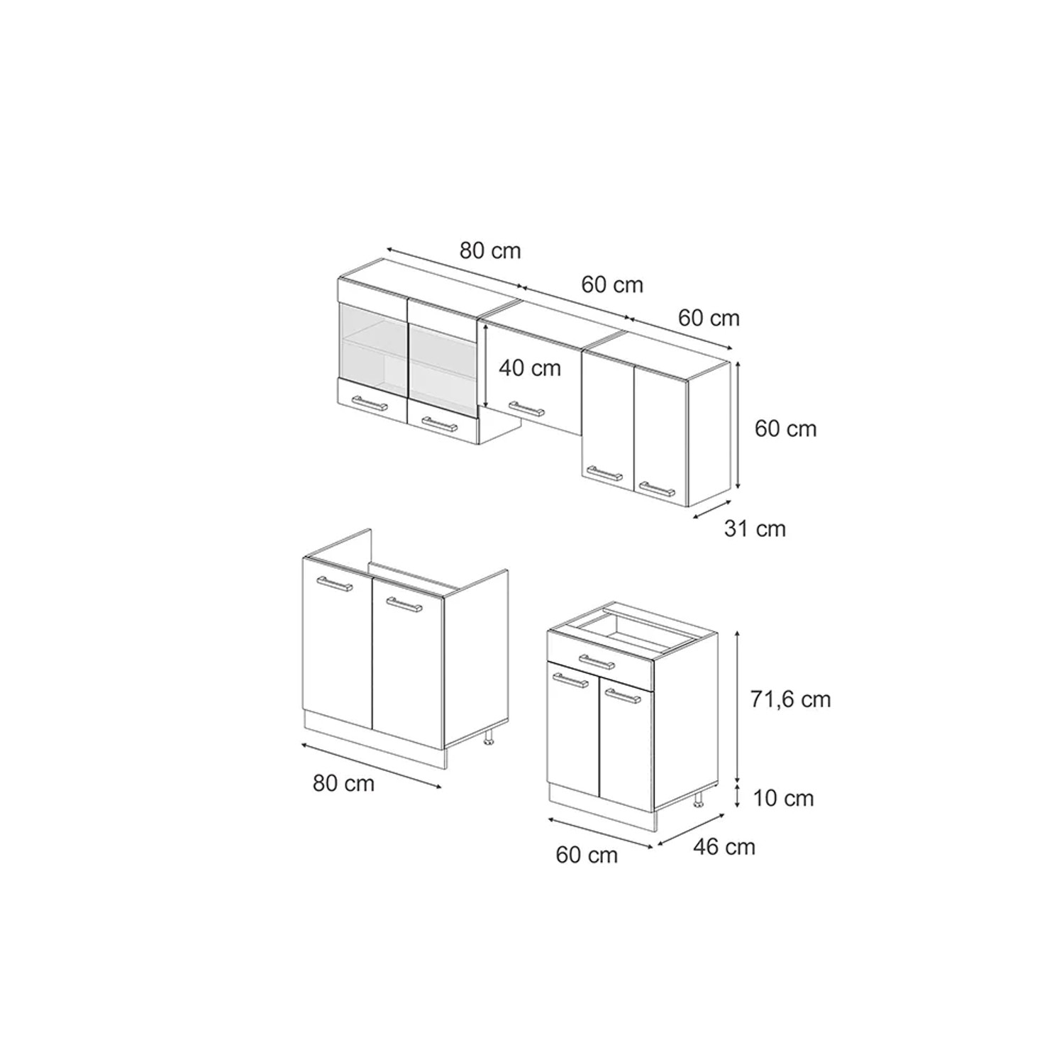 Skizze der Vicco R-Line Küchenzeile in Blau-Grau/Anthrazit mit Maßangaben.