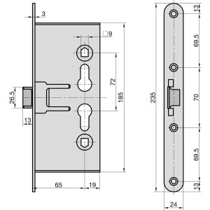 Technische Zeichnung: Basi Einsteck-Feuerschutz-Türschloss ES 984 mit Maßen.