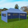 Blaues, faltbares 3x6 m vidaXL Partyzelt mit Seitenwänden und Fenstern auf einer Wiese.