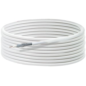 Weißes Schwaiger Koaxialkabel 110 dB, 30 m, aufgerollt. Antennenkabel für störungsfreien Empfang.