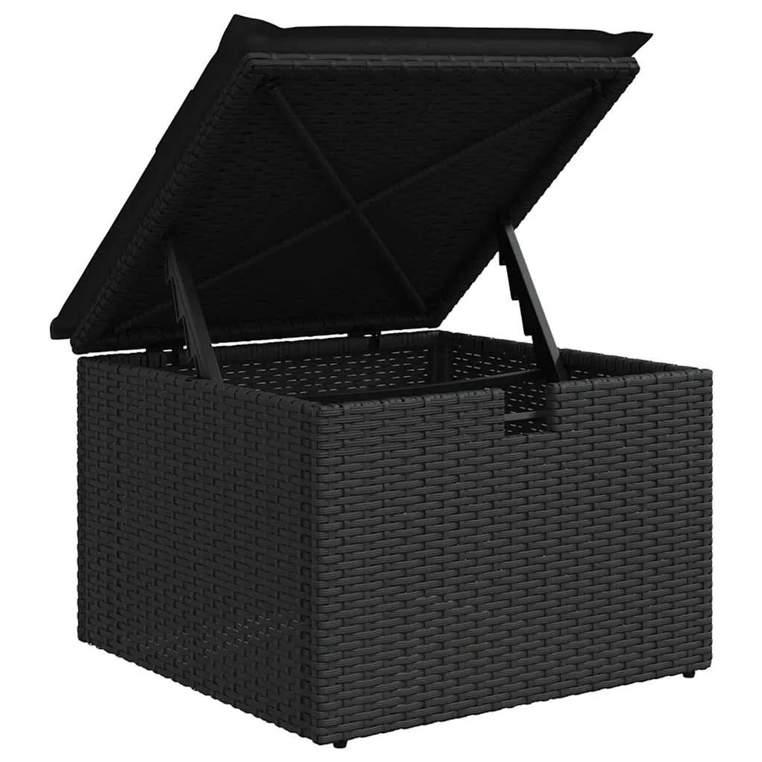 Schwarze vidaXL Garten-Sofagarnitur mit offenem Staufach aus Poly Rattan.
