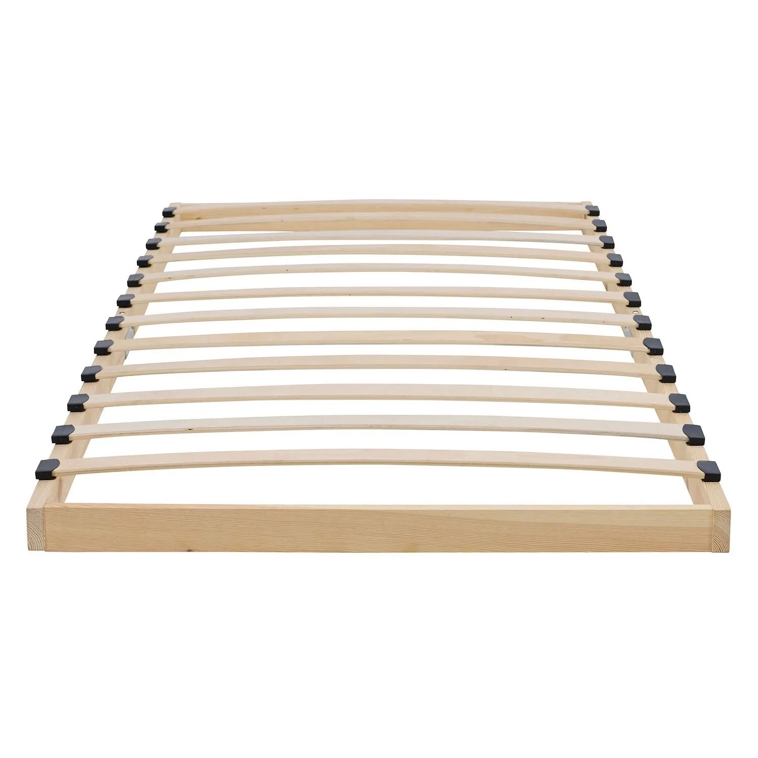 Homestyle4u Lattenrost 90x200 aus hellem Holz mit 13 gebogenen Federholzleisten und schwarzen Kappen.