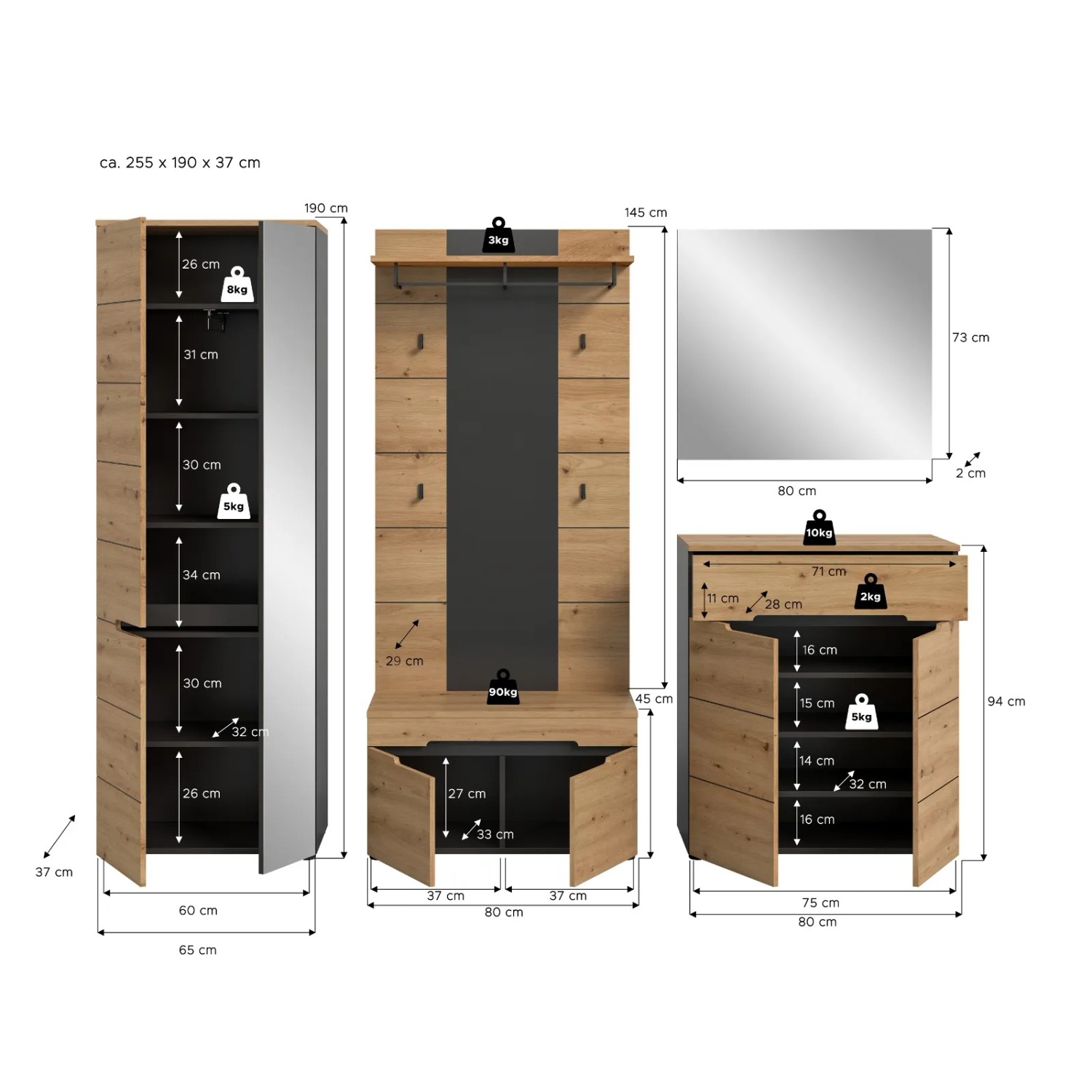 Inn.Furn Garderoben-Set 5-teilig in Eiche und Grau 255 cm Cooper_10