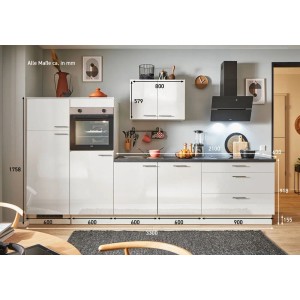 pino Küchenzeile 330 cm, Weiß Hochglanz, mit Geräten und Spüle. Moderne Einbauküche mit viel Stauraum.