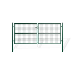 Doppelflügeliges, grünes Gartentor Olga, 3 m breit, aus verzinktem Stahl mit Gitter.