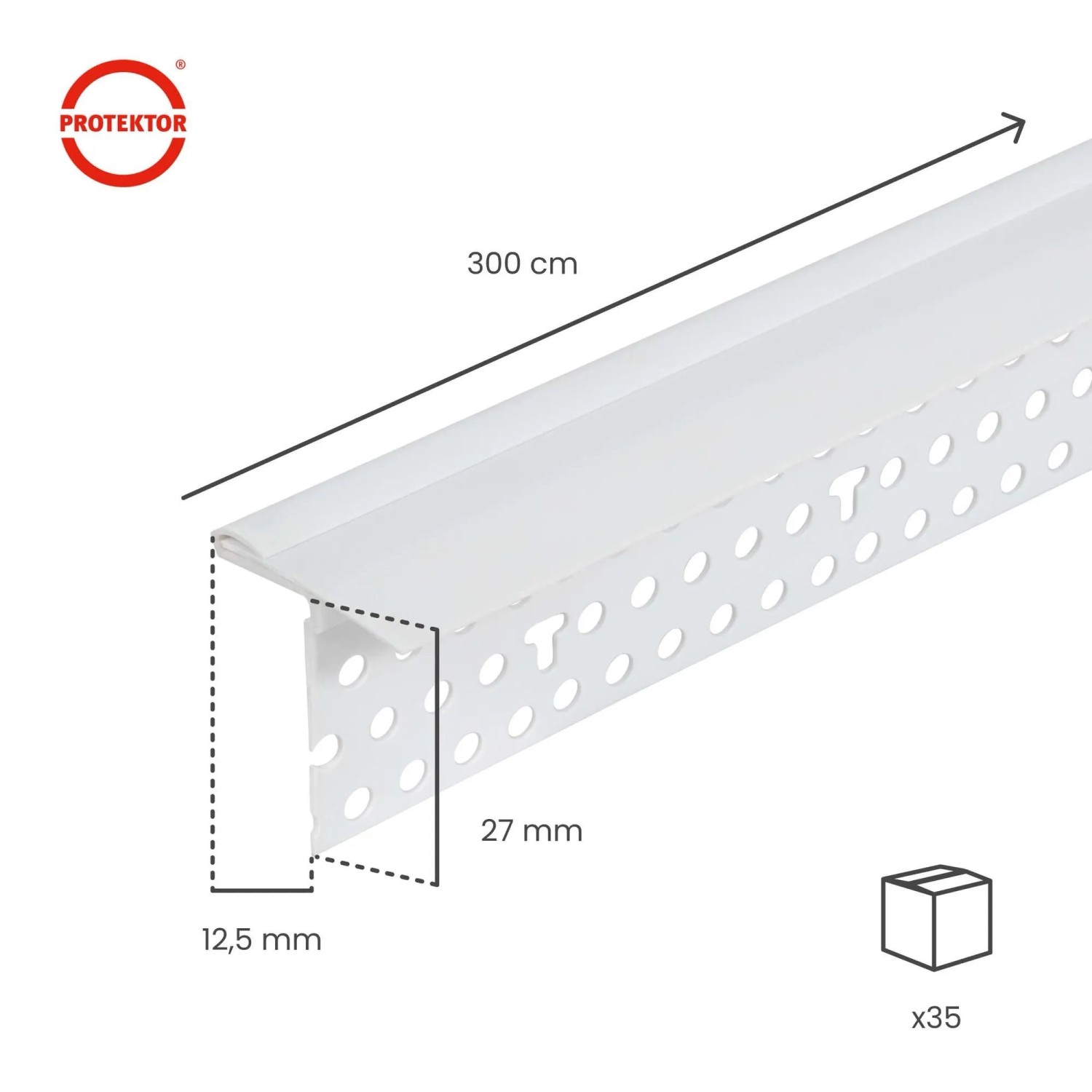 Weißes Protektor Schattenfugenprofil 300 cm für Trockenbau, mit Abdeckstreifen und Perforation, 3 mm Fuge.