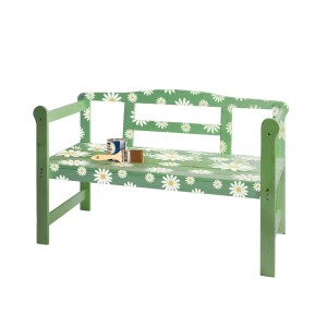 Grüne 2-Sitzer Friesenbank aus Kiefernholz mit Gänseblümchen-Muster, ideal für Garten und Terrasse.
