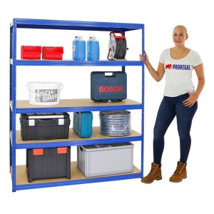 Blaues PROREGAL Schwerlastregal Giant Elephant mit 5 Böden und diversen Gegenständen.