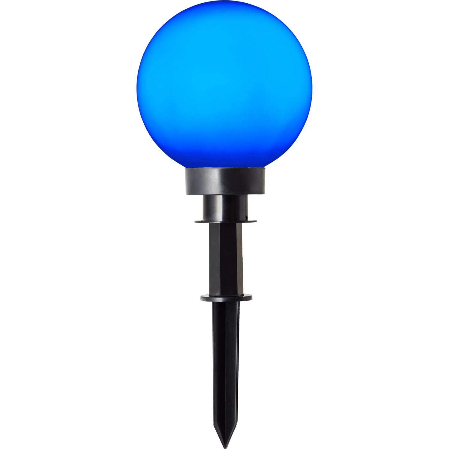Weiße LED-Gartenleuchte Thore mit blau leuchtender Kugel als Erdspieß.