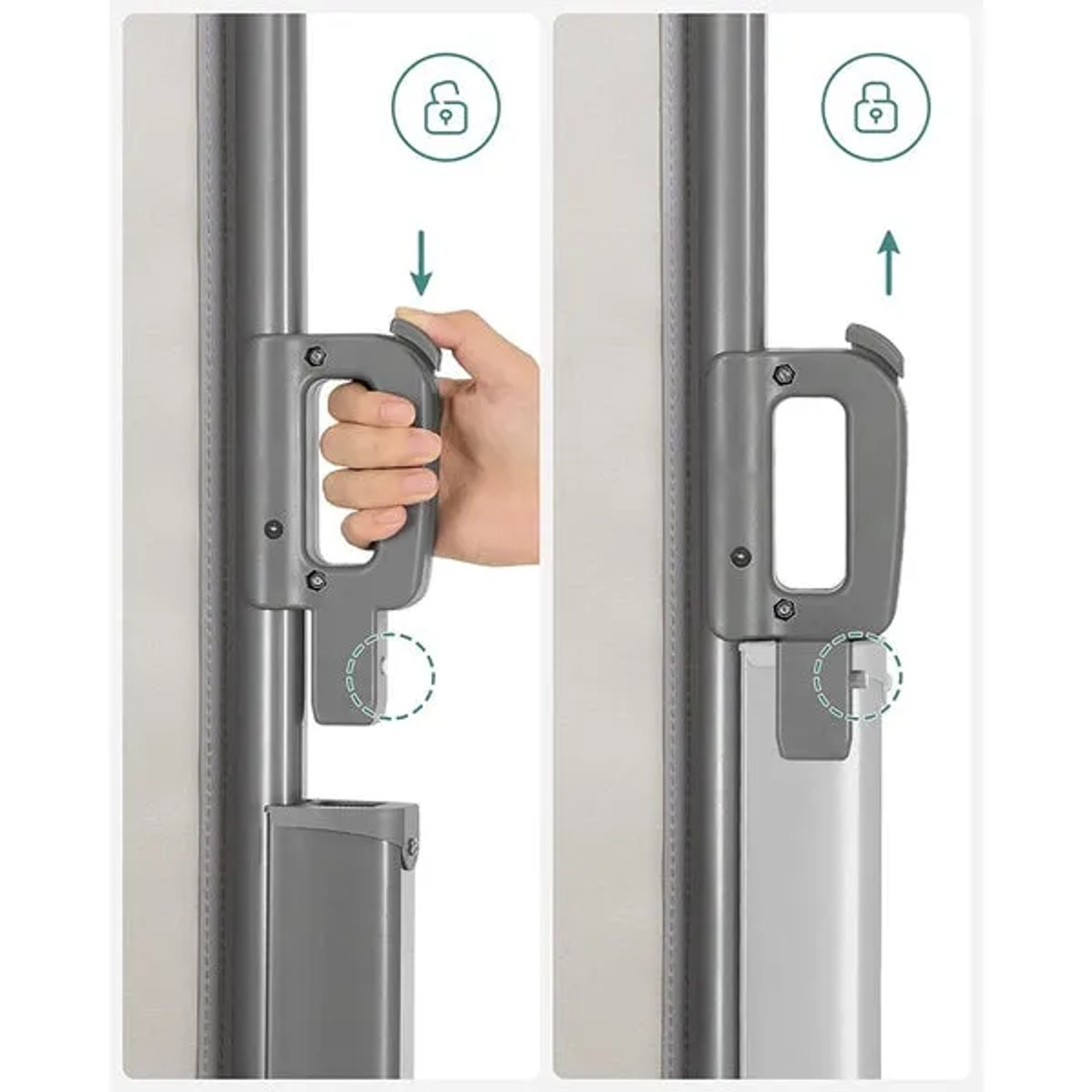 Detailaufnahme: Mechanismus der braunen KARAT Seitenmarkise zum Ausziehen und Einrasten.