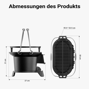 Wiltec Gusseisen Grilltopf mit Maßen. Seitenansicht: 21 cm hoch, 27 cm breit. Draufsicht Grillrost: 43.5x22.5 cm, 50 cm lang.