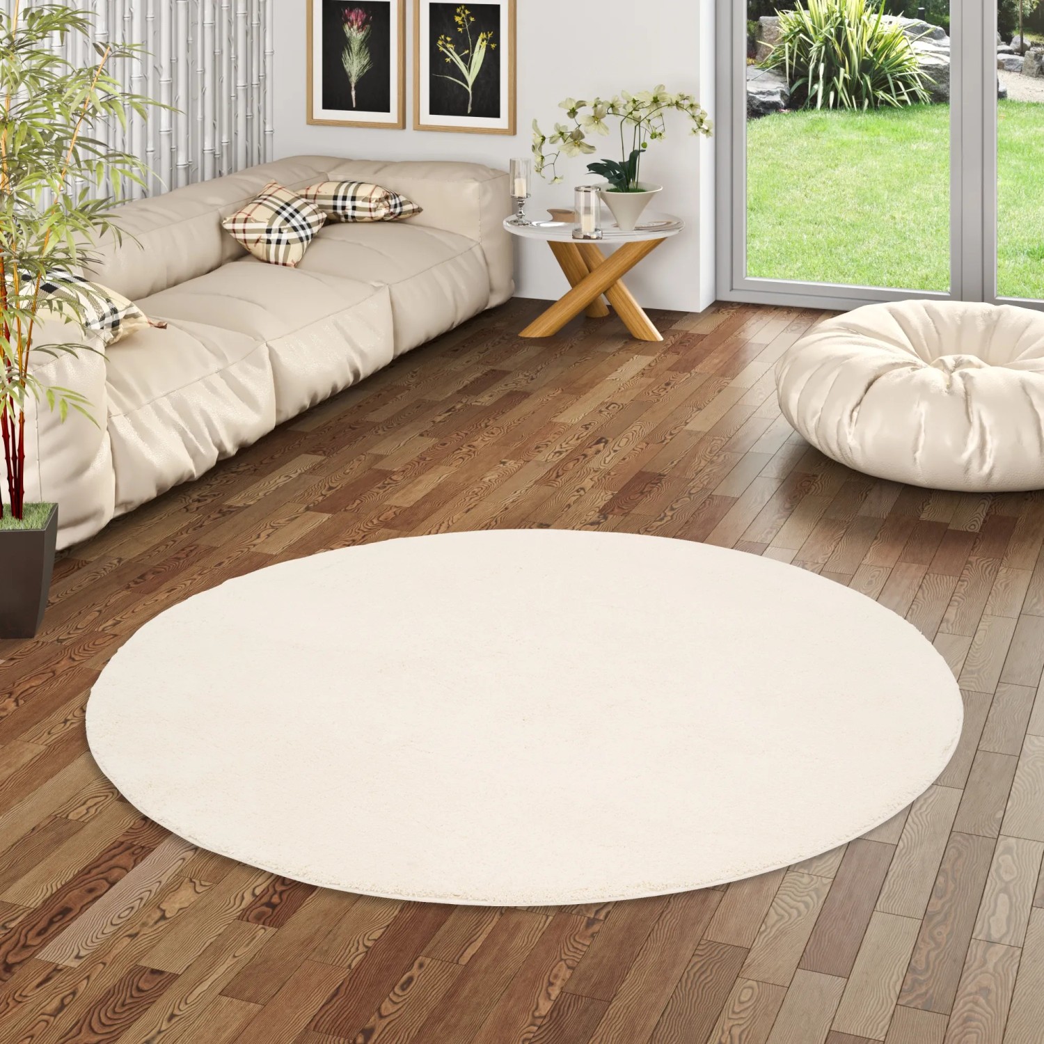 Pergamon Luxus Super Soft Hochflor Teppich Silky Rund Creme 120x120cm