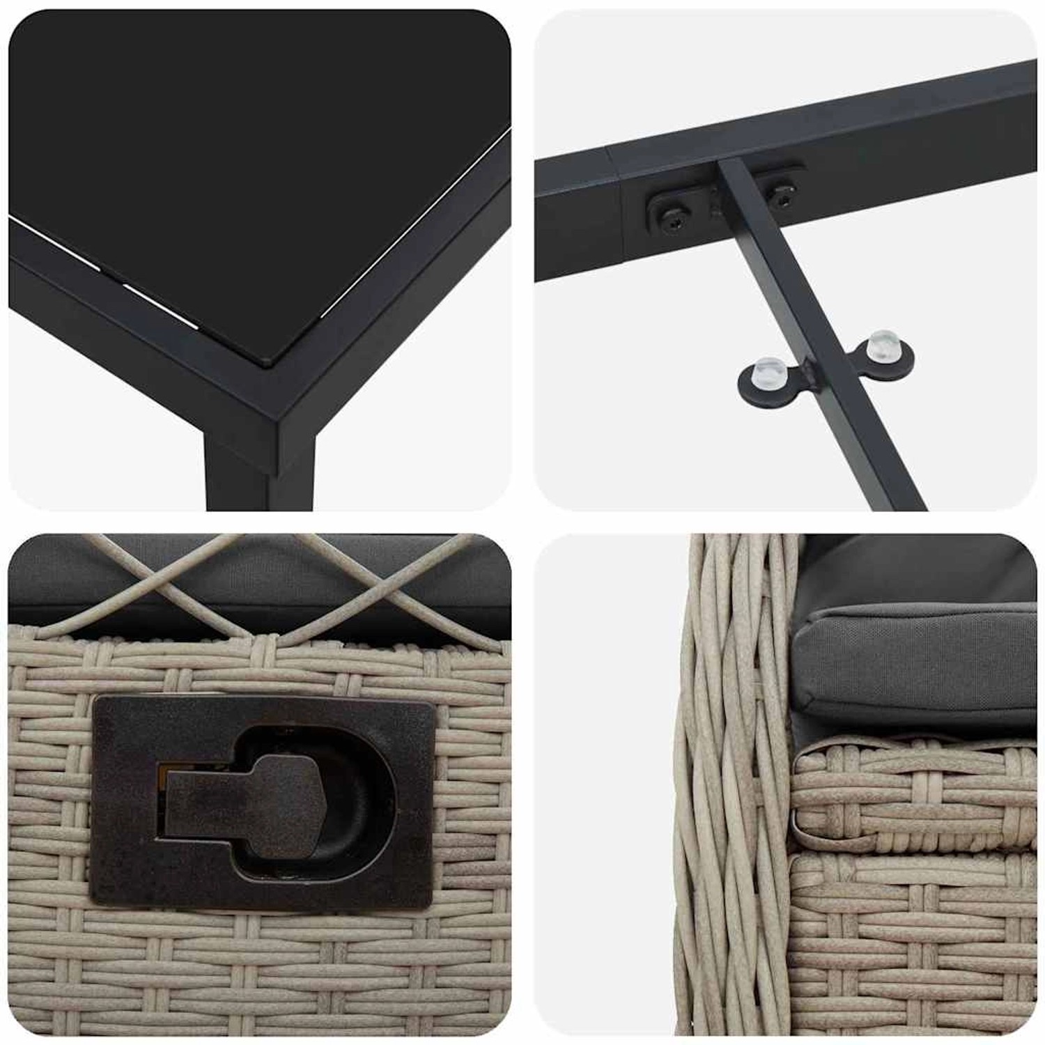 Detailansichten der vidaXL Garten Essgruppe, hellgraues Poly Rattan, Tischplatte, Stuhlverstellung, Rattanstruktur.