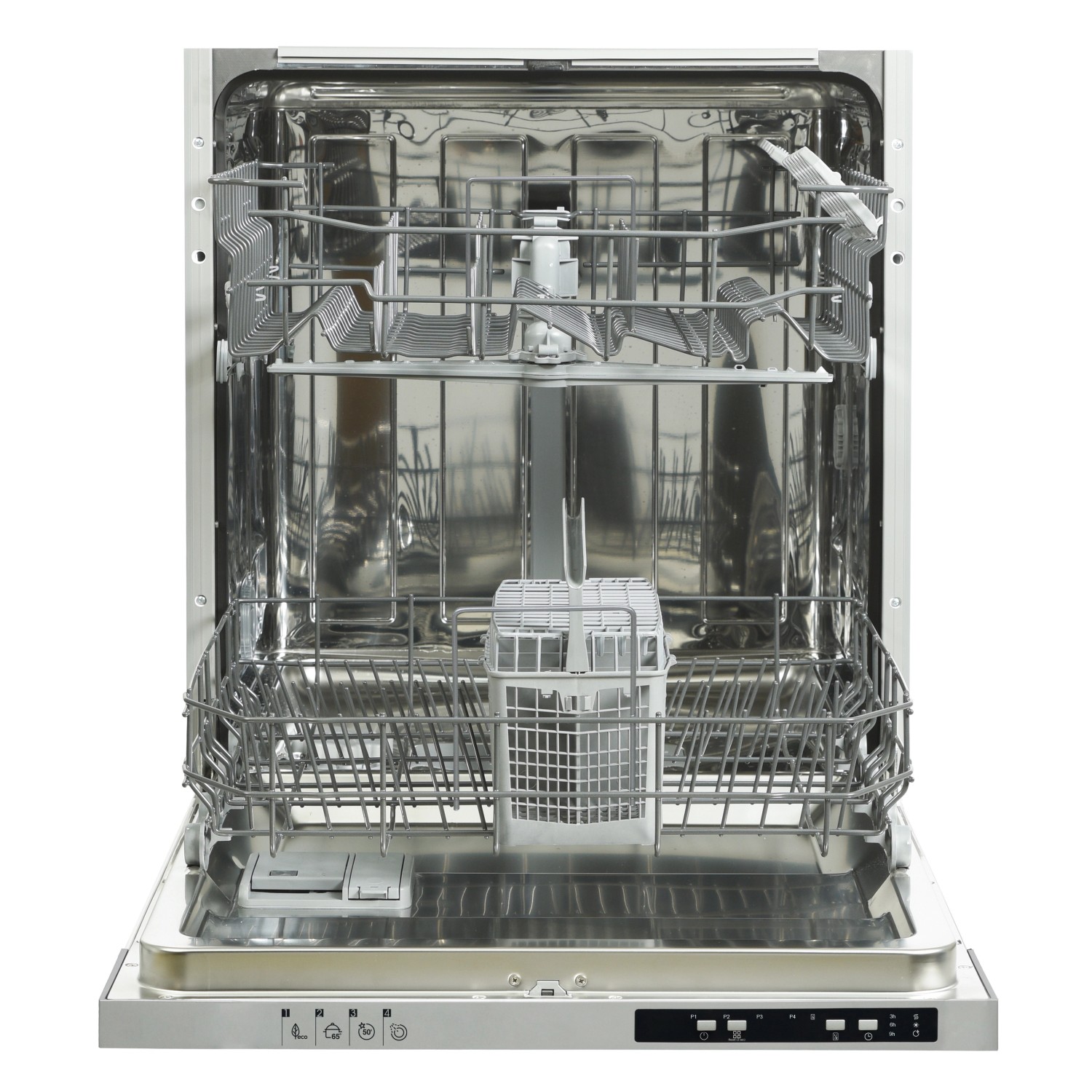 Offener, leerer Geschirrspüler aus der Flex-Well Classic Winkelküche Wito in Weiß. Innenraum mit Spülkörben.