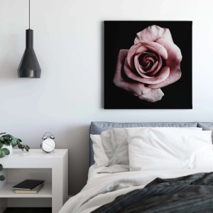 Quadratisches Leinwandbild: Altrosa Rose auf schwarzem Hintergrund. Romantische Wanddekoration für Wohn- und Schlafzimmer.
