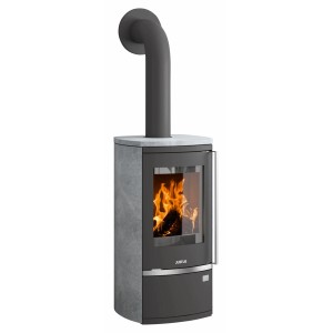 Justus Dauerbrand-Kaminofen Reno R, Speckstein, gussgrau, 6kW, mit Flammen im Brennraum.