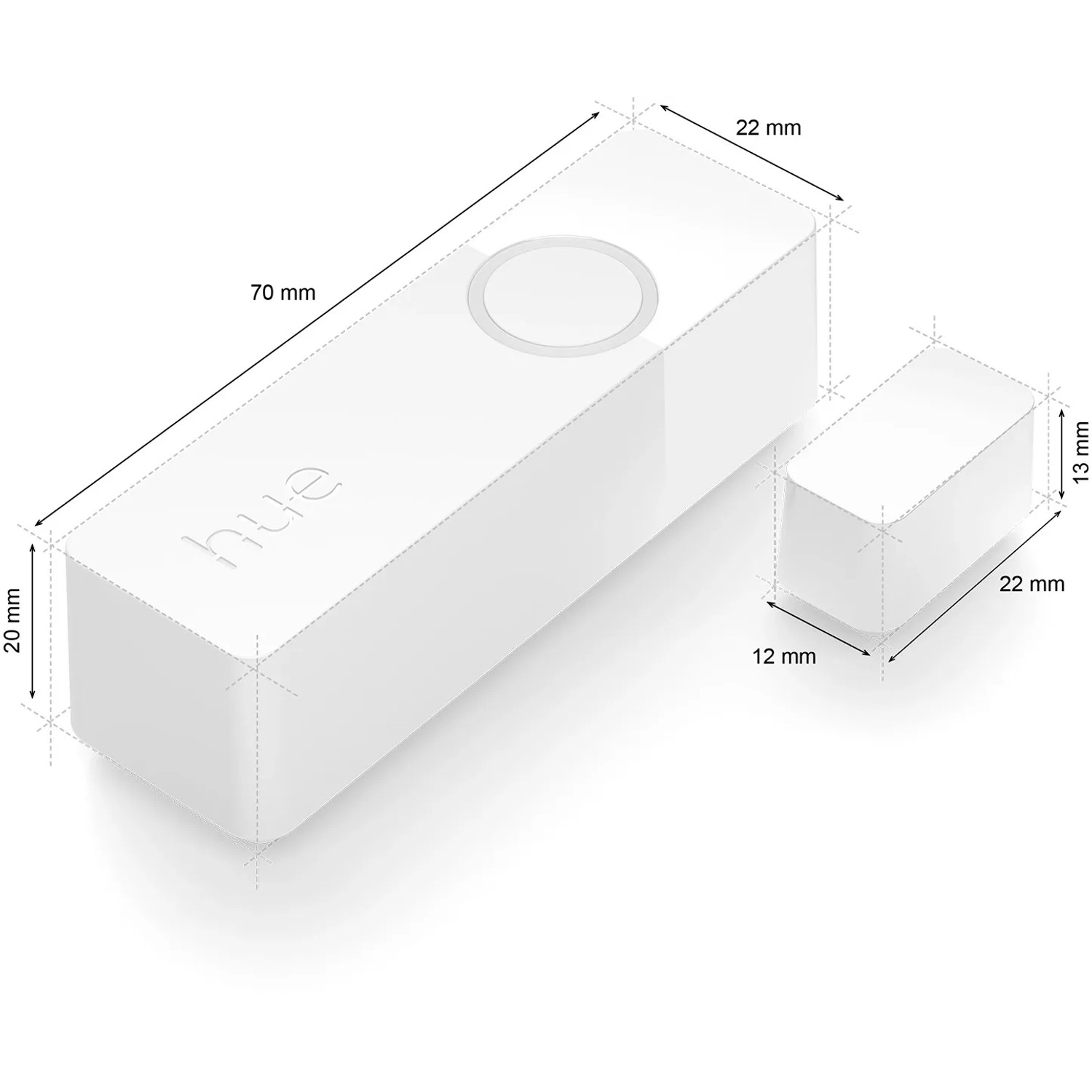 Philips Hue Kontaktsensor, Teil des Secure Starter-Sets, mit Maßen für Installation.