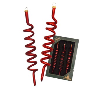 Drei rote, glänzende Glas-Korkenzieher als 14cm Baumschmuck von Krebs Glas Lauscha im Set.