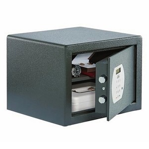 Burg Wächter Möbeltresor Pure-Safe PS 120 E, anthrazit, mit geöffneter Tür und elektronischem Schloss.