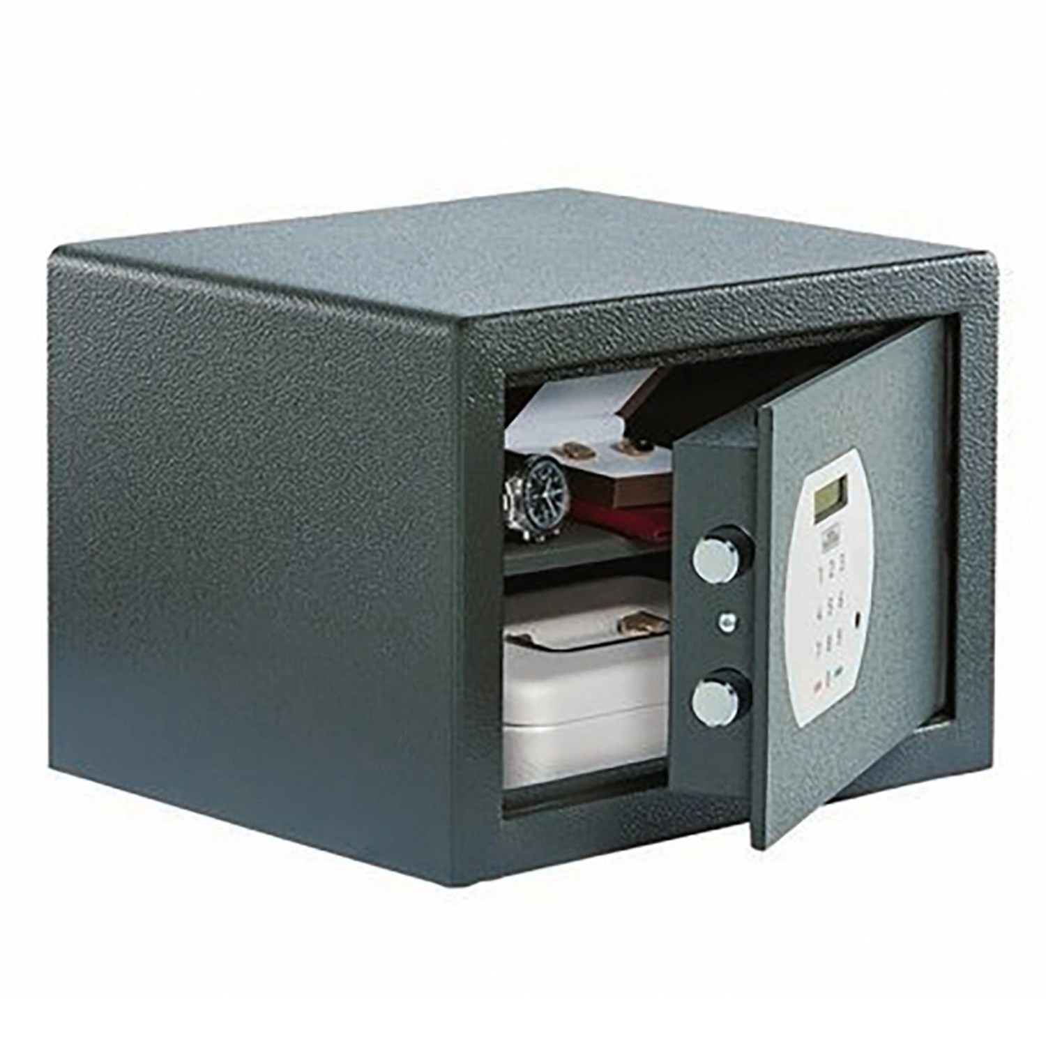 Burg Wächter Möbeltresor Pure-Safe PS 120 E, anthrazit, mit geöffneter Tür und elektronischem Schloss.