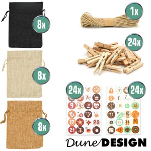 DuneDesign DIY Adventskalender Set mit 24 Säckchen, Aufklebern, Klammern und Schnur.