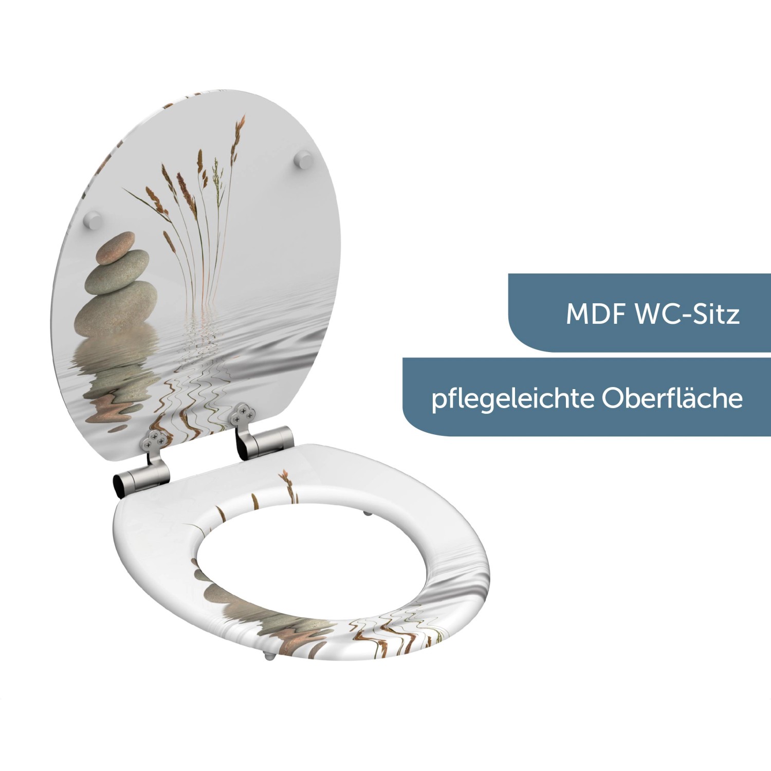 Schütte WC-Sitz MDF Balance mit Absenkautomatik, Motiv Steinmandl und Gräser im Wasser.