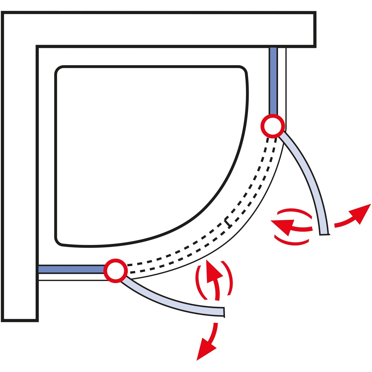 Skizze einer Schulte Runddusche MasterClass mit Drehtüren, die den Öffnungsmechanismus zeigt.