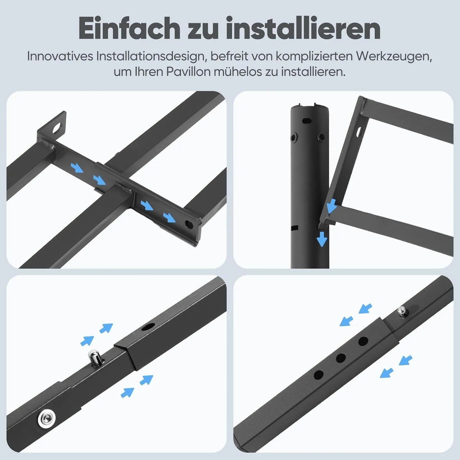 Details zur einfachen Montage des Grillpavillon-Stahlgestells. Robuste Verbindungen und verstellbare Elemente für schnellen Aufbau.