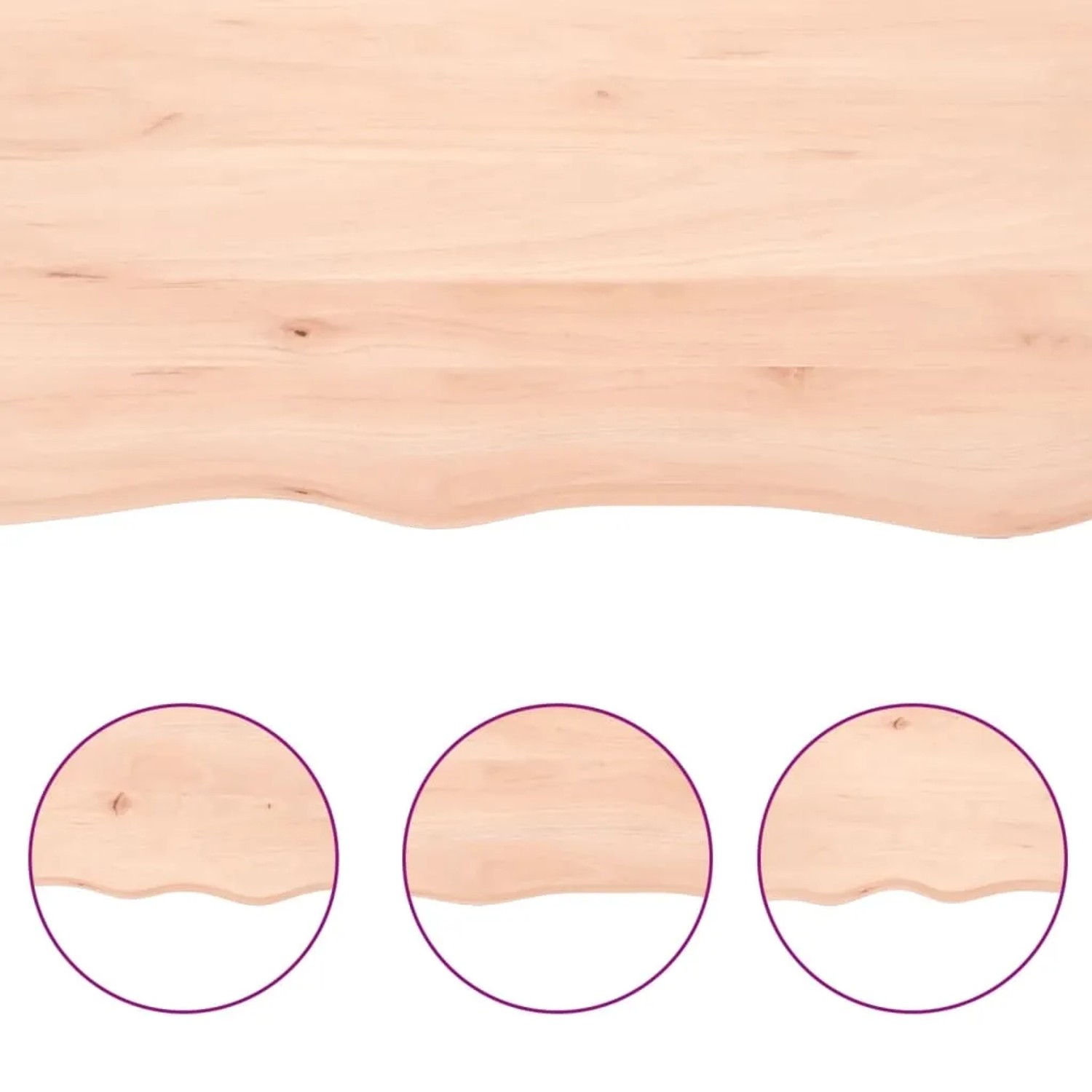 Unbehandelte, helle Massivholz Waschtischplatte 80x40 mit Naturkante, Detailansichten in Kreisen.
