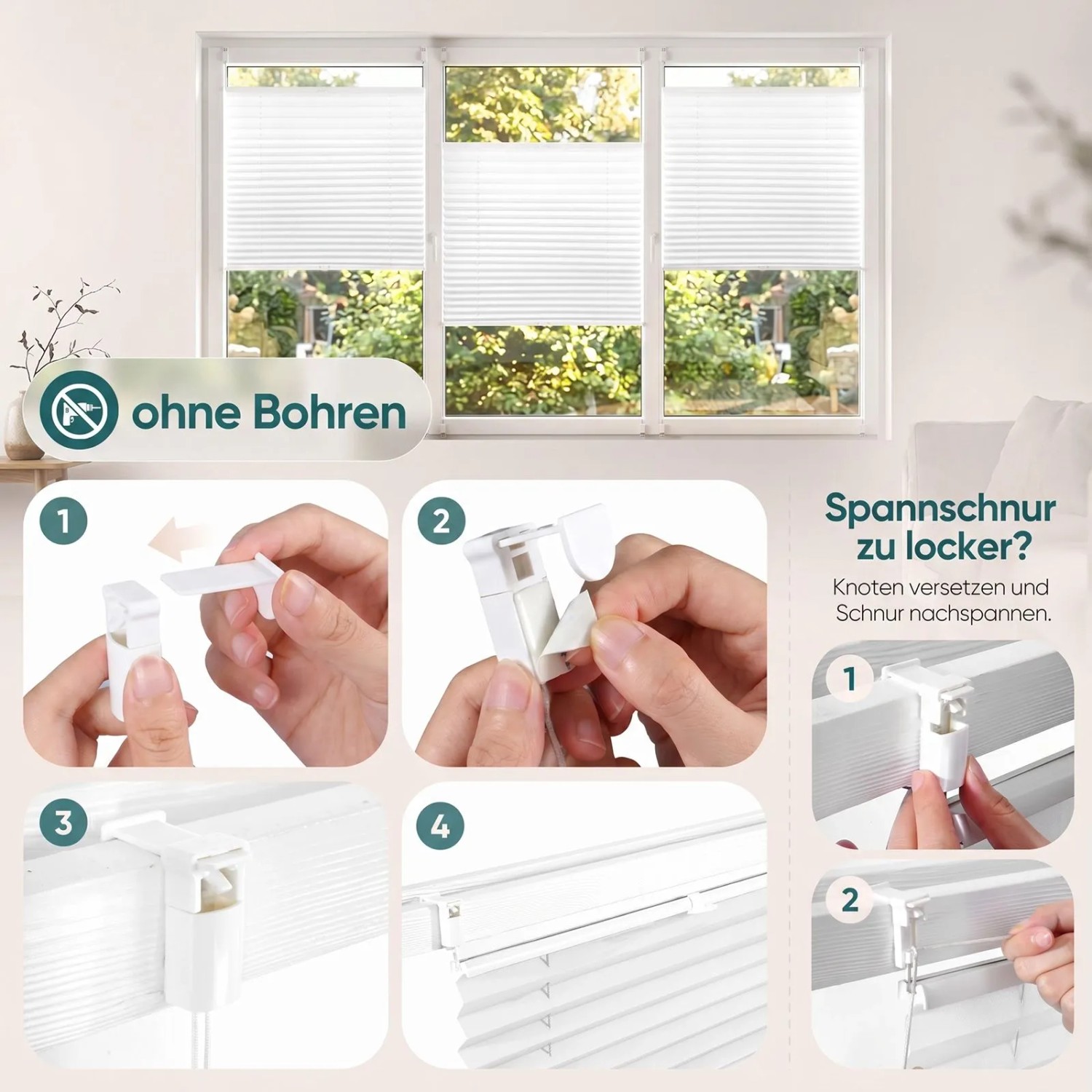 Weißes Verdunkelungsplissee mit Klemmfix-Montage ohne Bohren am Fenster. Installationsanleitung für einfaches Anbringen.