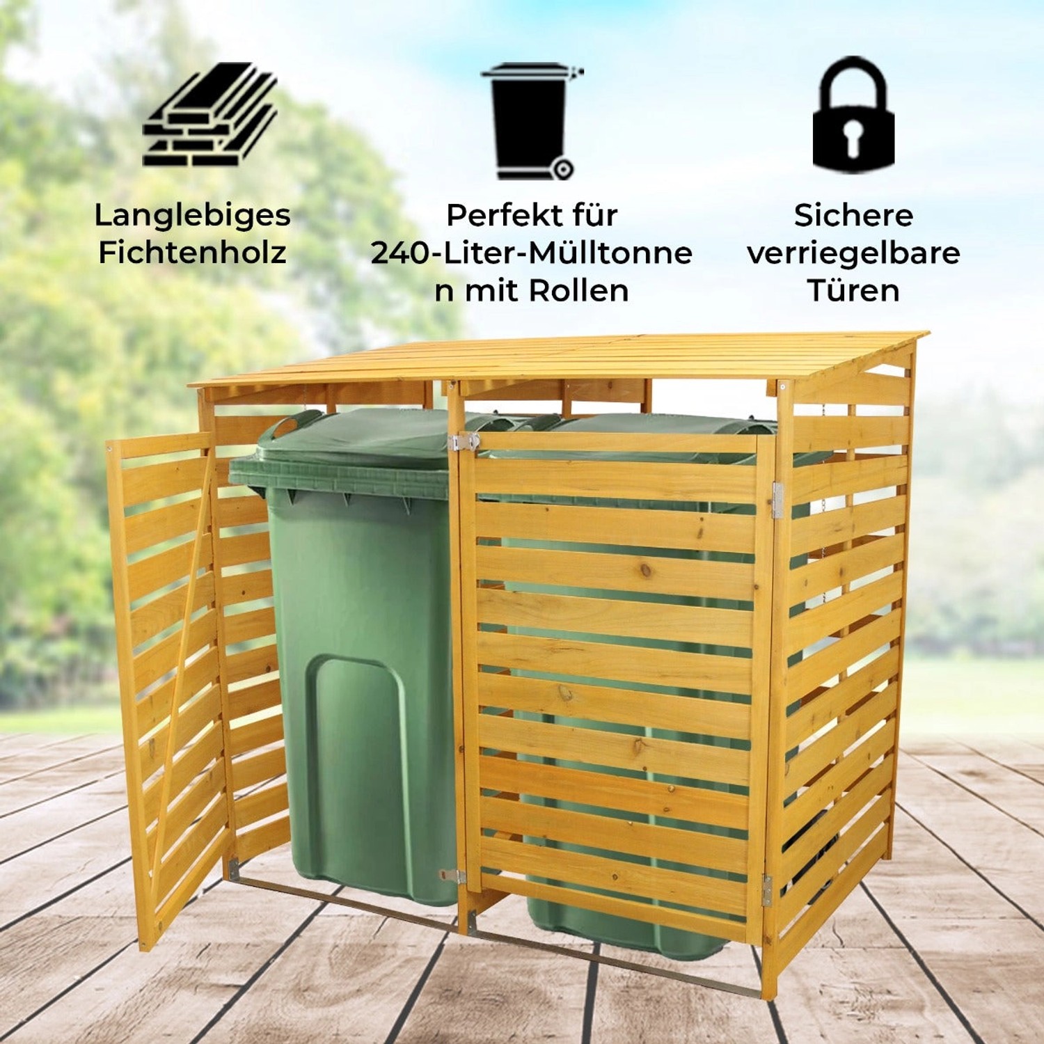 Mülltonnenbox aus Holz für 2 Tonnen, abschließbare Mülltonnenverkleidung im Garten.