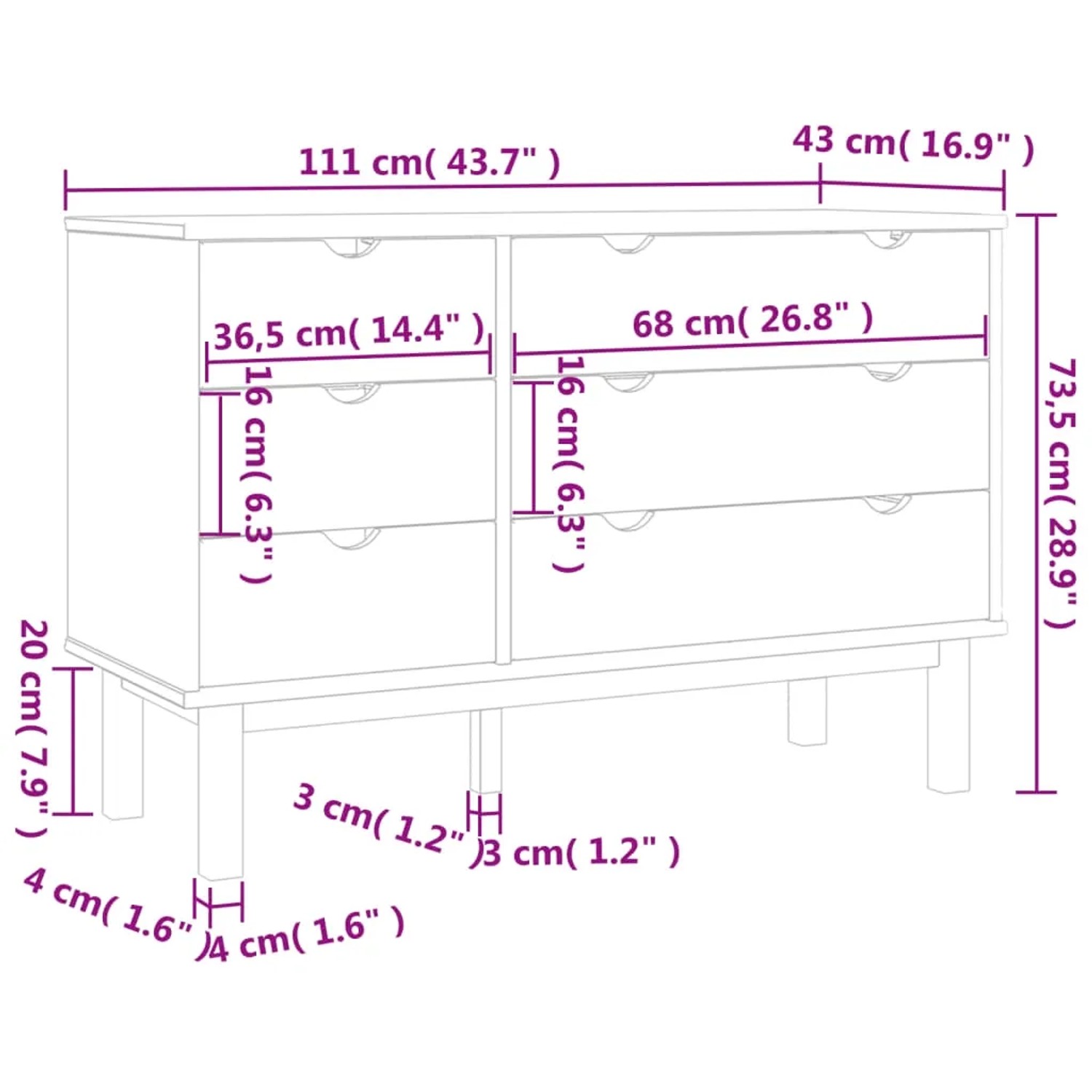 vidaXL Schubladenschrank OTTA, braun/grau, 113,5x39,5x73 cm, Massivholz Kommode mit 6 Schubladen.