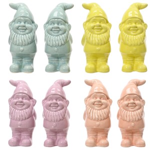 Dekorative Keramik Zwerg Figuren, 8-fach sortiert in Lila, Gelb, Orange und Grün.