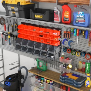 DURHAND Wandregal mit 30 Boxen in Grau und Orange, ideal zur Werkzeug- und Kleinteile-Organisation.