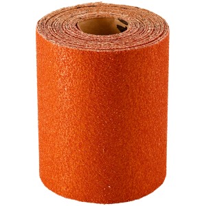 Orangefarbene LUX Schleifrolle Universal K40, 93mm x 5m, aufgerollt.