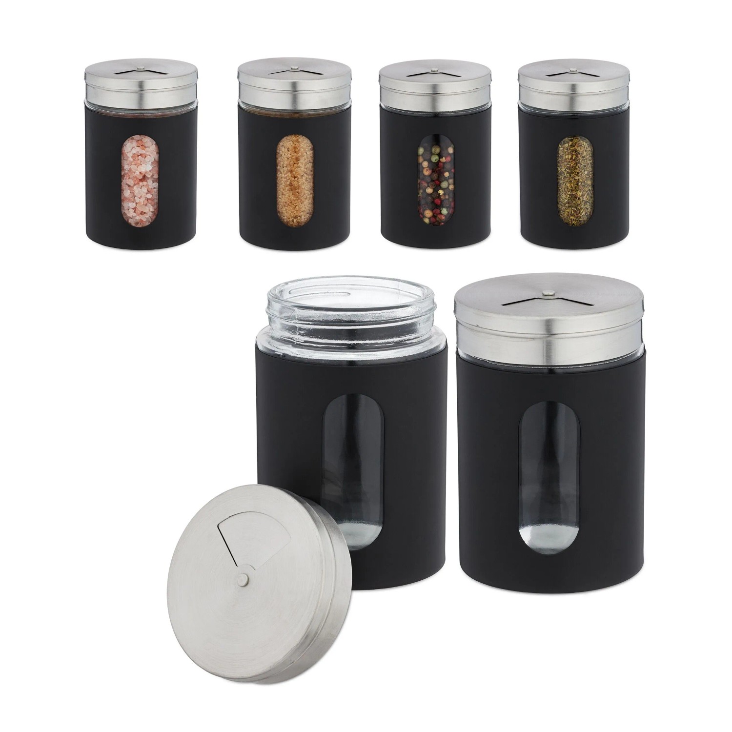 Relaxdays Gewürzstreuer 6er Set Glas Edelstahl Schwarz Drehbar 11 cm x 7 cm 0,26 kg