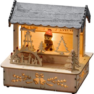 Konstsmide LED Holzsilhouette Marktstand mit Schneemann und warmweißem Licht.
