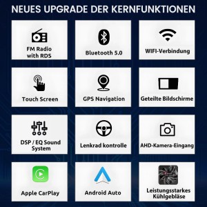 Funktionen des Autoradios: FM, Bluetooth 5.0, WLAN, Touchscreen, GPS, geteilter Bildschirm, DSP/EQ, Lenkradsteuerung, AHD-Kamera, CarPlay, Android Auto.