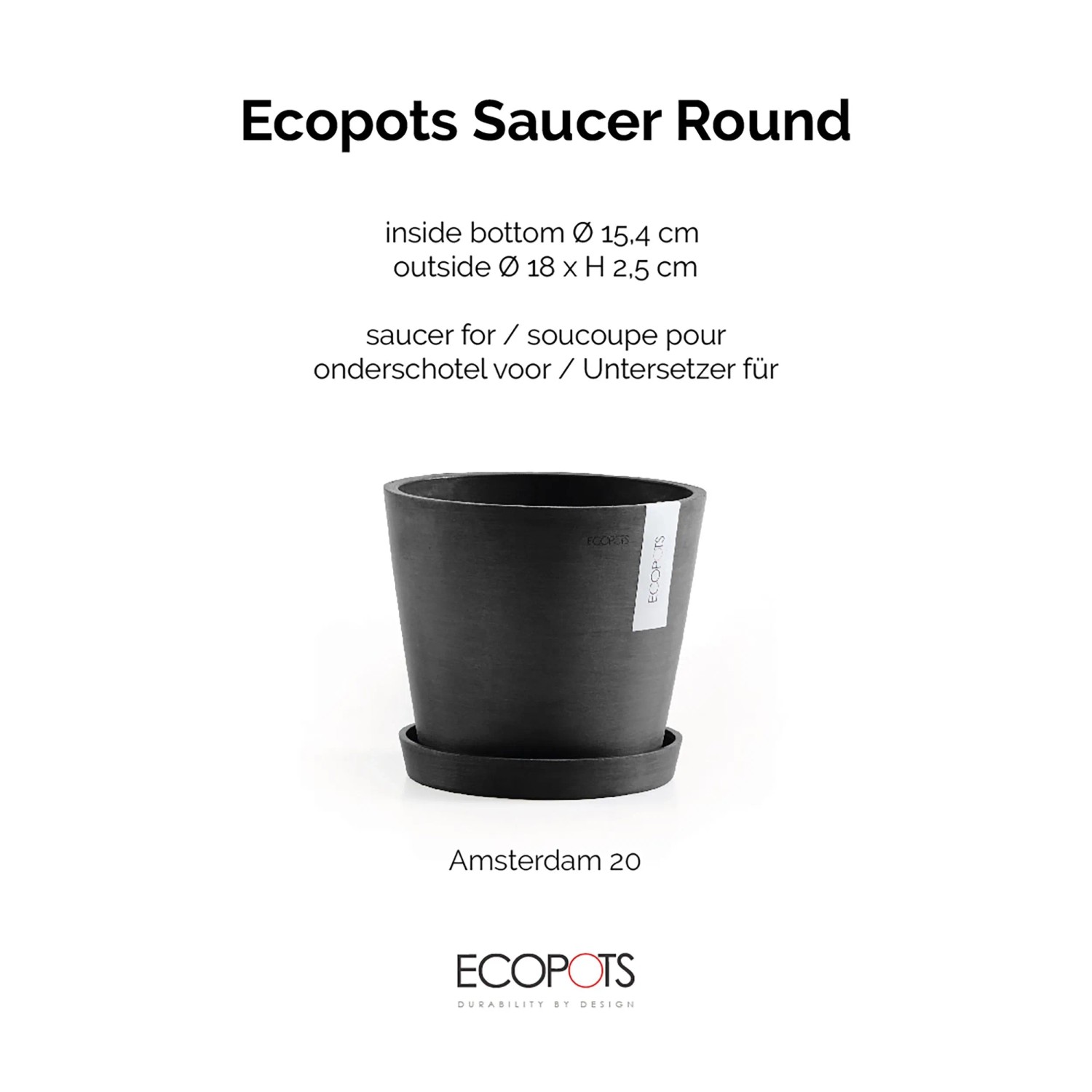 Ecopots Untersetzer, Ø 20cm, dunkelgrau, passend für Pflanzgefäße, für Innen- und Außenbereich.
